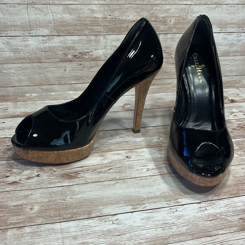 Cole Haan x Nike Air Patent Leather Cork Stiletto Peep Toe Heels Size 8-1/2 B